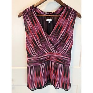 Classiques Entier Silk Chiffon Sheer Sleeveless Wrap Top Pink Multi Peplum Sz L